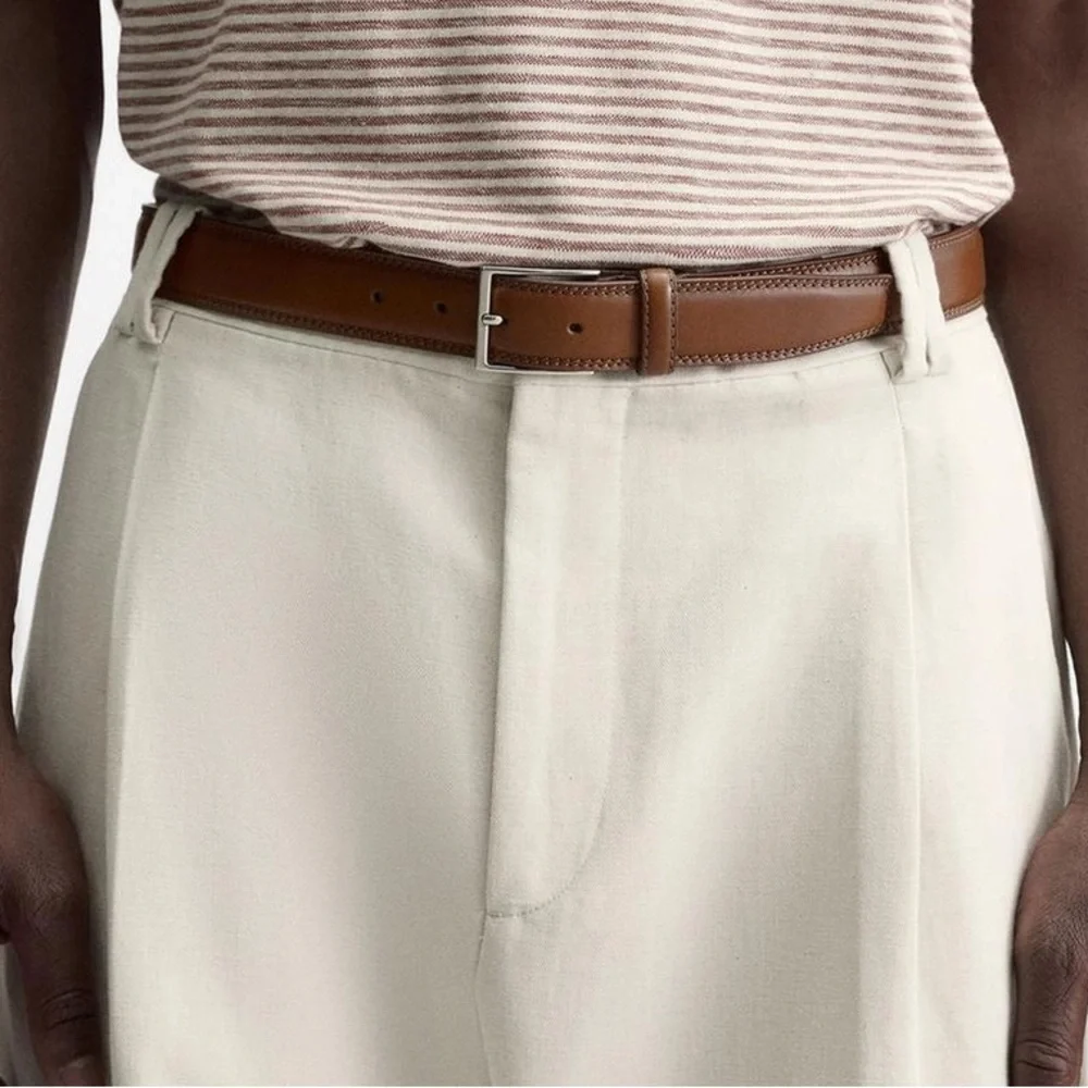 NWOT. Zara Man Brown Leather Belt with Decorative Stitching. Size 40.